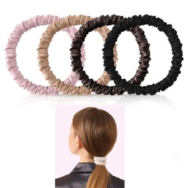4 Pcs Silk Scrunchie,Pure Mulberry Silk Scrunchie-Frizz & Breakage Prevention-Hair Care Ponytail Holders for Women,Small Slim Hair Tie Curly Hair Luxurious Elastic Scrunchies Set