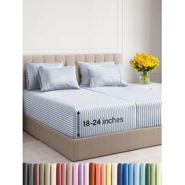 CGK Unlimited Extra Deep Split King Sheet Set - 7 Piece Breathable & Cooling Sheets - Hotel Luxury Bedding Set 18-24 Inch Extra Deep Pockets - Easy Fit, Soft, Wrinkle Free & Comfy - Blue Stripes, Split King Size