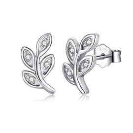 Silver Stud Earrings for Women Girls, Cubic Zirconia Leaf Stud Earrings, Hypoallergenic Climber Earrings Studs Jewellery Gifts for Christmas Birthday