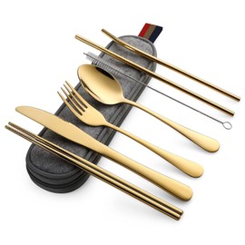 DEVICO - Utensilios de camping, cubiertos reutilizables de tamaño completo para almuerzo adulto, juego de cuchillos de tenedor portátil de acero inoxi