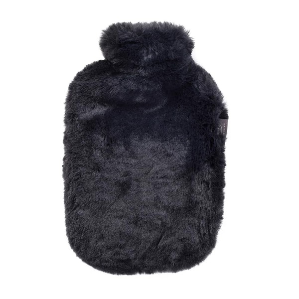 Fashy Hot Water Bottle with Super Soft Cover Made of High-Quality Faux Fur Black 2.0 L