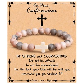 BuuyyBann Cross Bracelet Pink Natural Bead Bracelet Stretch 8 MM Healing Bracelets Stretch Link Bracelets Pink Zebra Relax Gifts with Encourage Quote Card for Women Teen Girls