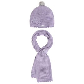 Little Girls Flower Applique Angora Blend Knit Hat/Scarf Set (1-Small, Purple)