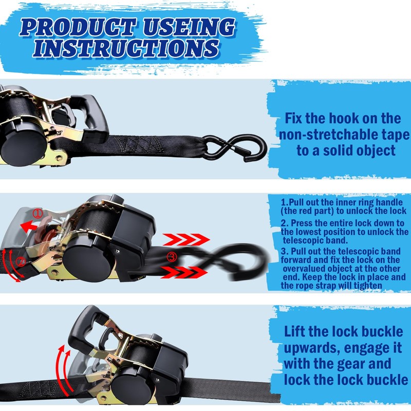 ANLULOAD Retractable Ratchet Strap,（1.77In*9.84Ft） S Hook Retractable Tie Down Strap