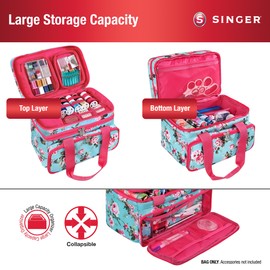 SINGER Sewing Accessories Organizer (Bag Only) – Double Layer Portable Sewing Storage Bag | 2 Detachable Pouches and 18 Compartments, Large Sewing Supplies & Crafting Carry-All (Turquoise Floral)