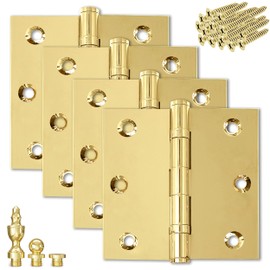 Finsbury Hardware Solid Brass Door Hinge Heavy Duty Ball Bearing Polished Shiny Gold 3.5 x 3.5 Inch with Decorative Screw-on Tips Included - Set of 4 Hinges (Polished Brass)