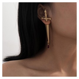 Inilbran Punk Sword Earrings Gold Cross Stud Earrings Vintage Gemstone Drop Earrings Gothic Dagger Sword Stud Earrings Earrings Jewelry for Women and Girls