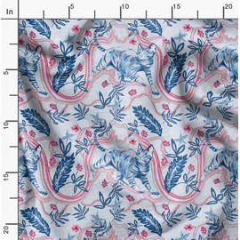 Soimoi Leaves,Floral & Cat Print - Blue, Canvas Fabric Material - 56 Inch Wide, 1 Meter, Unstitched Fabric For Upholstery, Bags, Workwear And Outdoor Gear.