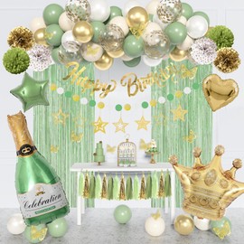 Sage Green Birthday Party Decorations for Women Girls,Olive Green Gold Balloons,Happy Birthday Banner,Fringe Curtain,3D Butterfly,Circle Dots Garland,Tissue Pompoms,Paper Tassel for Party Supplies