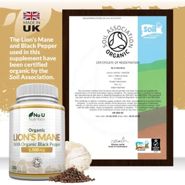 Organic Lions Mane Supplement 1500mg - 180 High Strength Vegan Capsules - 6 Month Supply - Lion’s Mane Mushroom with Organic Black Pepper - Made in The UK - Nu U Nutrition