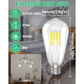 Lamptobe 8W E27 LED Bulb Dimmable,Screw LED Lightbulb Cool White 6000K, ST64 Vintage Edison Screw Bulb for Home Lighting,Cafe,Bar (Pack of 3)