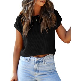 LCXWFE Womens Summer Cropped Sweater Vest Trendy Cap Sleeve Crop Tops Crew Neck Loose Knit Tank Top