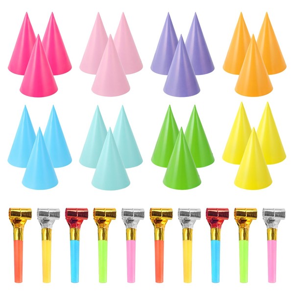 SIKAMARU 24 Pieces Party Hats And 10 Pieces Whistle Toys,