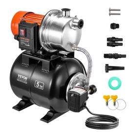 VEVOR 1 HP Shallow Well Pump with Pressure Tank, 1000 GPH, Automatic Irrigation Water Booster Pump with 130 ft Head Lift 20/40 PSI Pressure Switch, 304 Stainless Steel Pump Head for Home Garden Lawn