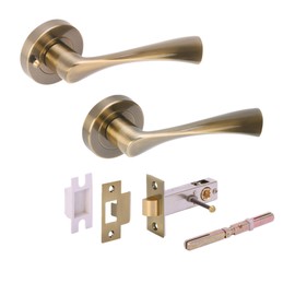 HANDLEZONE® Zena Privacy Lever On Round Rose Door Handles, with Privacy Latch, for Bathroom, Toilet, WC Doors, 1 Set - Antique Bronze