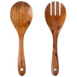Teak Wood Salad Serving Spoon and Spork 10.2-Inch, Wooden Salad Server Set of 2, Teak Wooden Salad Spoon and Fork, Wood Cooking Spoons for Mixing, Stirring & Serving