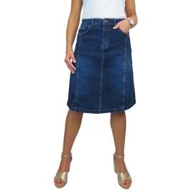 Paulo Due Women's A Line Denim Skirt Ladies Knee Length Flared Jeans Skirt Panelled Dark Blue Faded 10-22 (18)