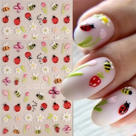 Spring Flower Nail Art Stickers Decals 2Pcs Bee Butterfly Nail Decals Tulip Daisy Ladybug Strawberries Cute Nail Design Accessories 5D Embossed Summer Manicure Supplies for Women Girls Nail Decoration