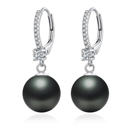 Black Pearl Earring Pearl Diamond Earrings Pearl Dangle Earring Pearl Dangling Earring Black Pearl Drop Earrings Cubic Zirconia Pearl Earring Sterling Silver Pearl Leverback Earring 10MM ZDaoBen