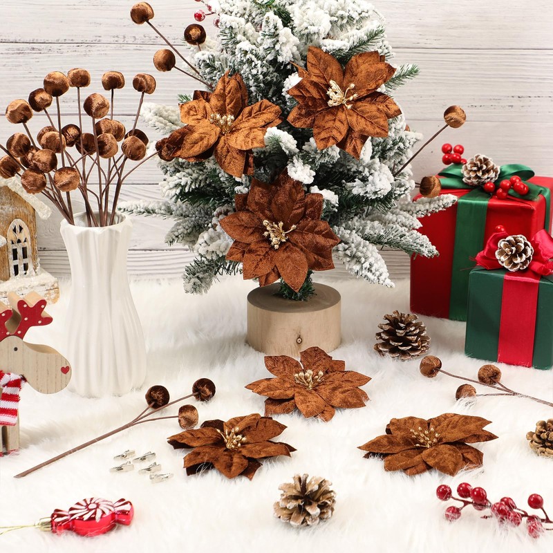 18 Pcs Velvet Christmas Tree Ornament Poinsettia Flower, Brown