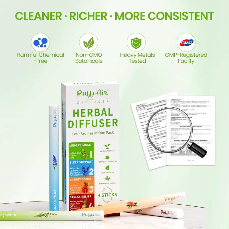 PUFFIAIR Herbal Diffuser Pen 4 Pack, Clean Botanical Aromatherapy Diffusers,
