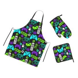 Oplp Video Game Controllers 3 Piece Kitchen Set Waterproof Apron with Oven Mitt and Pot Holder Cooking Adjustable Apron Microwave Glove Potholder