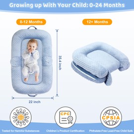 Baby Lounger Pillow for Newborn, Skin-Friendly Foldable Portable Baby Lounger 0-24 Months, Travel Bassinet Baby Essentials with Removable Baby Lounger Cover（Blue）