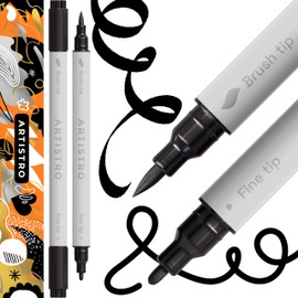 ARTISTRO 2 Black Acrylic Paint Pens, Acrylic Paint Markers Dual Tip (Brush + Fine 1 mm), Acrylic Markers for Fabric, Canvas, Rock, Glass, Wood, Paper, DYI, Paint Markers for Kids and Adults