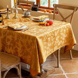 Joyfol Day Fall Thanksgiving Tablecloth, Jacquard Fabric Autumn Rectangle Table Cloth, Countryside Leaves Waterproof Kitchen Dining Harvest Holiday Table Cover (52x70 Inch, Gold)