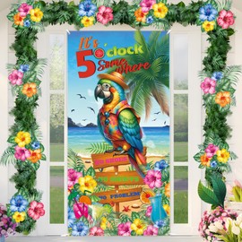 Summer Door Banner Decorations Hawaiian Beach Door Cover Tropical Parrot Door Sign It's 5 O'clock Somewhere Photo Background for Hawaii Luau Party Decorations Baby Shower Supplies Indoor Outdoor Decor