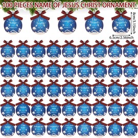 Tradder 100 Pieces Christmas Names of Jesus Christ Ornaments Set Christmas Hanging Ornaments with Different Savior Names Wooden Slice with Twine and Bows for Xmas Decoration (Star Style)