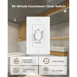 SURAIELEC 60-Minute Countdown Timer Switch for Lights, in-Wall Mechanical Timer Switch for Exhaust Fan, Programming-Free Light Timer, No Neutral Required, ETL Listed