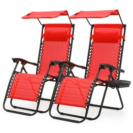 Athena Collection Zero Gravity Outdoor Lounge Chair Set of 2 with Canopy Shade, 25" Width Pool Lounge Lawn Chairs Reclining with Cup Holder, Outdoor Chaise for Beach Patio Outside, Red