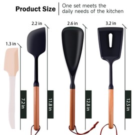 4-Piece Silicone Cooking Utensils Set, Cooking Spoon + Slotted Spatula Turner + Kitchen Spatula Set for for Cooking Mixing Baking, BPA-free Matte Black Silicorn, Safe for Nonstick Cooking Cookwares