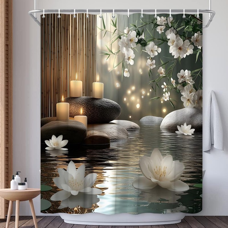 EUBTPA Lotus Zen Bamboo Shower Curtain Stone Spa Floral Flowers