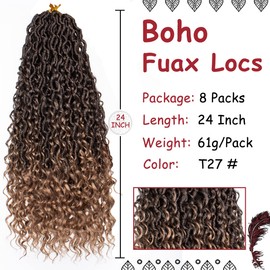 Beverlee 24 Inch Goddess Locs Crochet Hair 8 Pcak Boho Faux Locs Boho Goddess Locs Crochet Locs Pre Looped Soft Hippie Locs Synthetic Bohemian Curly Crochet Locs Hair for Black Women T27#