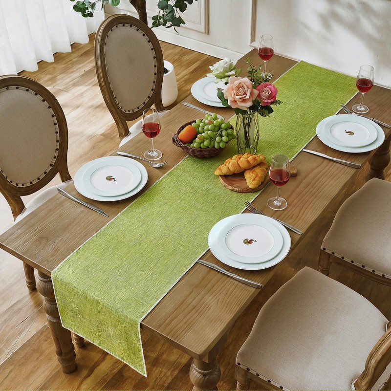 Green Table Runner in Country House Style, Rustic Linen Coffee