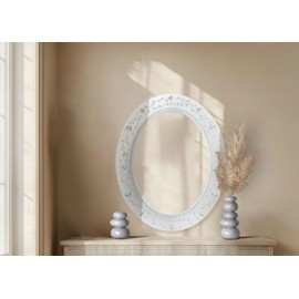 Head West Frosted White Etched Glass Frame Oval Wall Mounted Vanity Mirror, Floral Accent Decorative Mirror for Wall Decor, Bathroom Mirror for Over Sink, Bedroom, Living Room Entryway Hallway 23"x29"