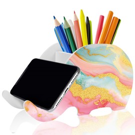 ORIGACH Elephant Shape Pencil Holder With Phone Stand Pen Pencil Holders for Desk Office Decor Accessories with Phone Stand Marker Brush Holders Desk Organizer, Marble Veining Pattern