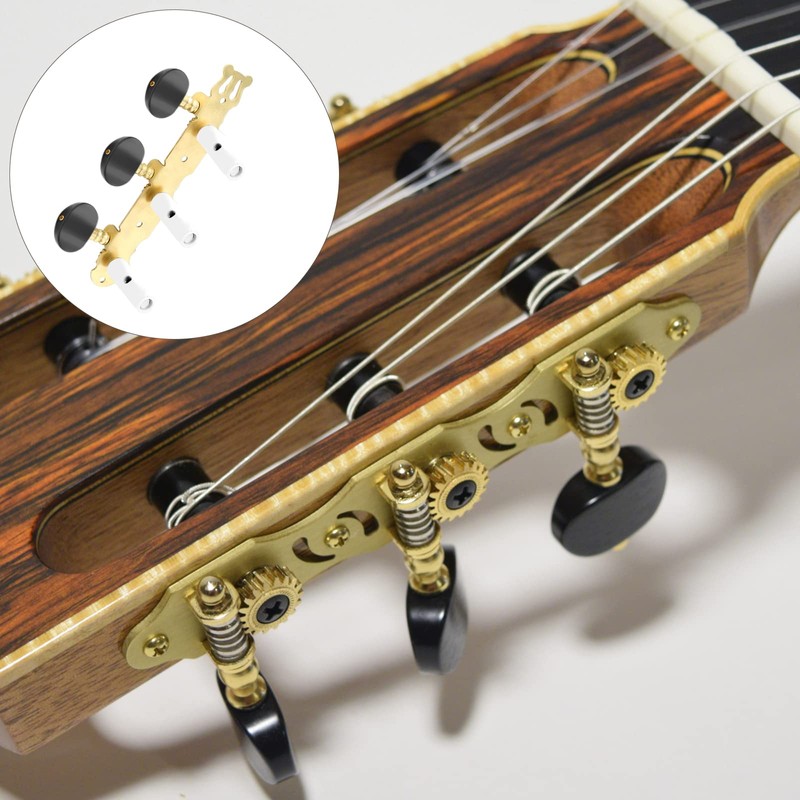 Jiozermi クラシックギターチューニングペグ 2個 3L+3R ストリングチューニングペグ キーマシンヘッド クラシックギター弦チューナー用 真鍮メッキ仕上げ ブラックボタン