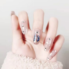 SINLOV 24pcs Glossy Coffin Fake Nails Long Nude French Press on Nails Ballerina Artificial False Nails Full Cover False Nails for Women and Girls (A)