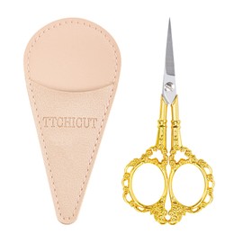 Sewing Embroidery Scissors Small Vintage Sharp Pointed Tip Shears for Craft Artwork Cross Stitch Cutting Handicraft DIY Tool with PU Leather Sheath(Gold)