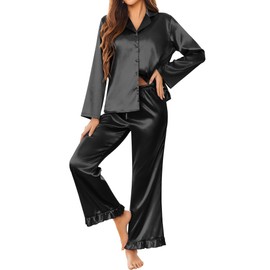Ekouaer Silk Satin Pajamas Set Womens Long Sleepwear Button Down 2 Piece Classic Soft Loungewear Pjs Set Black Small