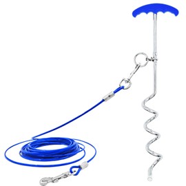 Dog Tie-Out Stake and Cable 30ft Heavy Duty Spiral Ground Stake Tethering Anchor Dog Leash Chain Rope Metal 360 Swivel Hook for Small Medium Large Dogs Outdoor (T-Shaped Stake)