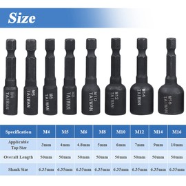 Eyech 8 Pcs Tap Socket Wrench,High Hardness Alloy Steel 1/4 Inch Hex Shank Air Screwdriver Socket Taps Accessories M4/M5/M6/M8/M10/M12/M14/M16 for DIY Handworking,Mold Manufacturing,Auto Repair