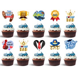 36pcs Happy Fathers Day Cupcake Toppers, Best Dad, I Love My Dad Cupcake Picks with Beard Tie Signs for Happy Father's Day Party Cupcake Decorations