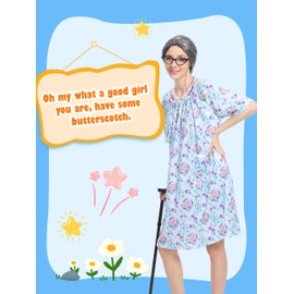 Cupohus Women's Old Lady Wig Costume Set, 100 Days of School Adult Granny Dress Cosplay, 8PCS Set- Grandma Wig and Wig Cap, Retro Glasses with Chain, Faux Pearl Jewelry, Cane, Blue Floral Dress Outfit