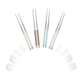 French Home Chopsticks w/ Mother of Pearl Colored Handles, Ceramic Chopsticks Rest & Sauce Bowls Set of 4 Pairs — Cutlery Set for Asian Food — Elegant Dinnerware