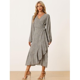 Allegra K Women's Long Sleeve Midi Dress Tie Waist Vintage Floral Print Wrap Boho Flowy Long Dresses Large Khaki