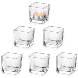 Glasseam Tealight Candle Holder Set of 6, Square Votive Candle Holders for Table Centerpiece, Clear Small Glass Candle Holder, Cube Mini Tea Lights Candle Holder for Floating Candles Wedding Decor